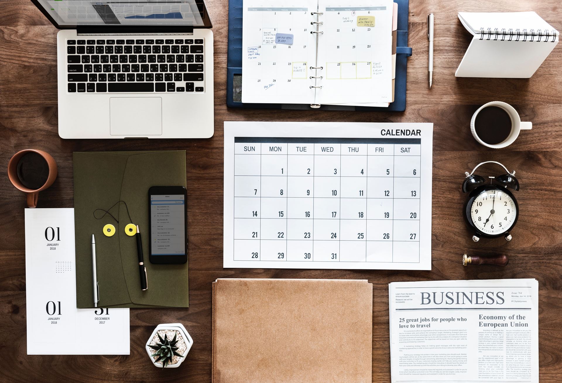 calendar and other items on a desk